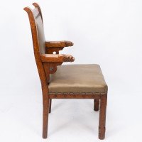 John Pollard Seddon Rare Gothic Oak Armchair with Carved Dog Heads to the Arms - Thumbnail 5