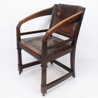 Henry Van De Velde, Style of. Arts & Crafts Oak Armchair Original Leather - Thumbnail 3