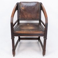 Henry Van De Velde Style of an Arts & Crafts Oak Armchair Original Leather - Thumbnail 2
