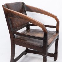 Henry Van De Velde, Style of. Arts & Crafts Oak Armchair Original Leather - Thumbnail 7