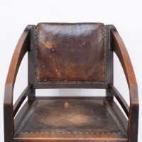 Henry Van De Velde Style of an Arts & Crafts Oak Armchair Original Leather - Thumbnail 9