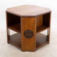 Heal's. Arts & Crafts Octagonal Oak Bookcase/side Table with Carved Decoration - Thumbnail 2