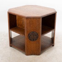 Heals. An Arts & Crafts Octagonal Oak Bookcase/side Table with Carved Decoration - Thumbnail 4