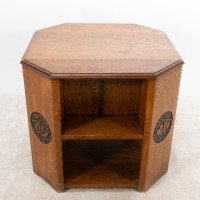 Heals. An Arts & Crafts Octagonal Oak Bookcase/side Table with Carved Decoration - Thumbnail 9