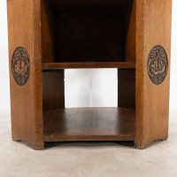 Heals. An Arts & Crafts Octagonal Oak Bookcase/side Table with Carved Decoration - Thumbnail 14