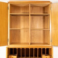 Charles Spooner Arts & Crafts Oak Secretaire Cabinet with Serpentine Stretchers - Thumbnail 14
