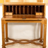 Charles Spooner Arts & Crafts Oak Secretaire Cabinet with Serpentine Stretchers - Thumbnail 15