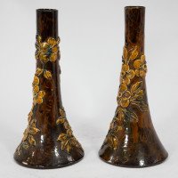 Longpark Pottery Torquay. A Pair of Rustic Ceramic Vases with Applied Floral Decoration - Thumbnail 4