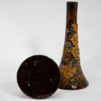 Longpark Pottery Torquay. A Pair of Rustic Ceramic Vases with Applied Floral Decoration - Thumbnail 17
