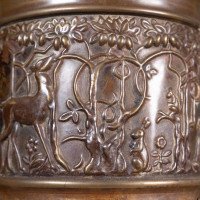An unusual Arts & Crafts style copper vase decorated with woodland scene - Thumbnail 8