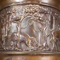 An unusual Arts & Crafts style copper vase decorated with woodland scene - Thumbnail 10