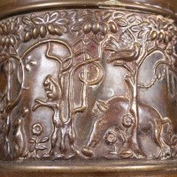 An unusual Arts & Crafts style copper vase decorated with woodland scene - Thumbnail 9