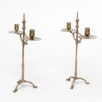 A Pair of Arts & Crafts Brass Twin Branch Candelabras with Adjustable Height - Thumbnail 4