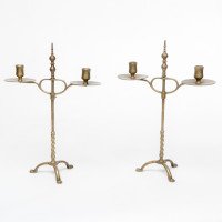 A Pair of Arts & Crafts Brass Twin Branch Candelabras with Adjustable Height - Thumbnail 5