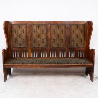 Baillie Scott, Style of. Arts & Crafts Glasgow School Oak Settle with Original Fabric - Thumbnail 2