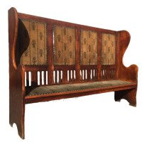 Baillie Scott, Style of. Arts & Crafts Glasgow School Oak Settle with Original Fabric - Thumbnail 1