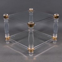A French Modernist Square Lucite & Brass Two-Tier Side Table on Curvaceous Legs - Thumbnail 4