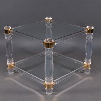 A French Modernist Square Lucite & Brass Two-Tier Side Table on Curvaceous Legs - Thumbnail 6