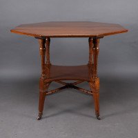 Jas Shoolbred, attributed. An Aesthetic Movement Octagonal Walnut Side Table with Central Shelf - Thumbnail 2