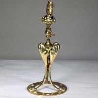 Arts & Crafts brass lamp with floral stem and heart pierced base c.1900 - Thumbnail 2