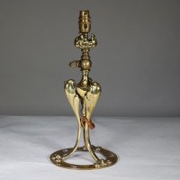 Arts & Crafts brass lamp with floral stem and heart pierced base c.1900 - Thumbnail 4