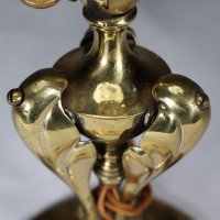 Arts & Crafts brass lamp with floral stem and heart pierced base c.1900 - Thumbnail 6