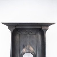 Arts & Crafts Cast Iron Fireplace with Curved Sides & Stylized Floral Decoration - Thumbnail 6