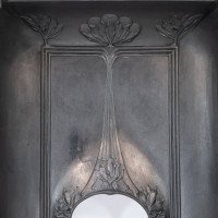 Arts & Crafts Cast Iron Fireplace with Curved Sides & Stylized Floral Decoration - Thumbnail 8