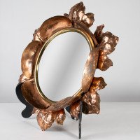 An Arts & Crafts Circular Copper Bevelled Mirror in the Form of a Flower Bud - Thumbnail 3