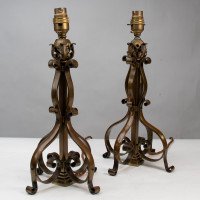 Pair of Arts & Crafts Brass Table Lamps with Leaf Collars c.1910 - Thumbnail 2
