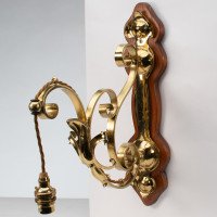 Arts & Crafts, c.1905 Set of Three Brass Wall Lights with Walnut Backplates - Thumbnail 2