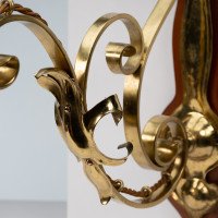 Arts & Crafts, c.1905 Set of Three Brass Wall Lights with Walnut Backplates - Thumbnail 9