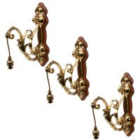 Arts & Crafts, c.1905 Set of Three Brass Wall Lights with Walnut Backplates