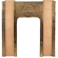 T. Elsley Attributed, Aesthetic Brass Fire Insert with Upper Central Peacock