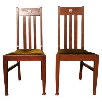 Liberty & Co., Pair of English Arts & Crafts Walnut Chairs with Stylized MOP Inlay - Thumbnail 1