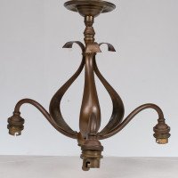 Arts & Crafts Three Branch Brass Ceiling Light with Stylised Leaf Detail - Thumbnail 2
