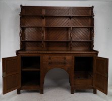 Charles Locke Eastlake Arts & Crafts Oak Dresser with Shelves & Carved Florets - Thumbnail 2