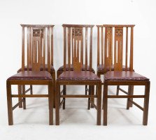 Liberty & Co., Six Arts & Crafts Oak Dining Chairs with Stylized Floral Carving - Thumbnail 1