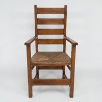 Baillie Scott for J. P. White. An Arts & Crafts Oak & Rush Seat Ladder Back Armchair - Thumbnail 2