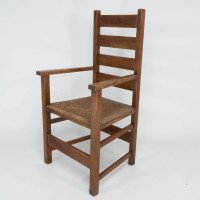Baillie Scott for J. P. White. An Arts & Crafts Oak & Rush Seat Ladder Back Armchair - Thumbnail 3