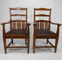 Walter Cave Attributed, Arts & Crafts Pair of Oak Armchairs with Curved Backs - Thumbnail 2
