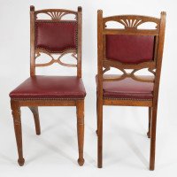 Pair of French Art Nouveau Oak Dining Chairs with Whiplash Side Stretchers - Thumbnail 3
