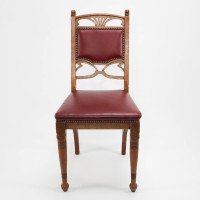 Pair of French Art Nouveau Oak Dining Chairs with Whiplash Side Stretchers - Thumbnail 5