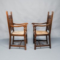 Liberty & Co., A Set of Six Arts & Crafts Oak Arrowhead Rush Seat Dining Chairs - Thumbnail 3