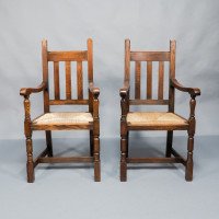 Liberty & Co., A Set of Six Arts & Crafts Oak Arrowhead Rush Seat Dining Chairs - Thumbnail 2