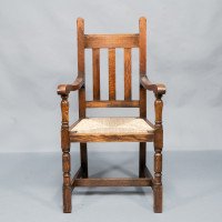 Liberty & Co., a Set of Six Arts & Crafts Oak Arrowhead Rush Seat Dining Chairs - Thumbnail 4