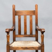 Liberty & Co., A Set of Six Arts & Crafts Oak Arrowhead Rush Seat Dining Chairs - Thumbnail 12