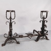 Aesthetic Movement. French. Exceptional Pair of Hand Wrought Iron Fire Dogs - Thumbnail 6
