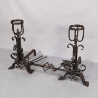 Aesthetic Movement. French. Exceptional Pair of Hand Wrought Iron Fire Dogs - Thumbnail 7