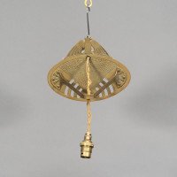 Arts & Crafts Brass Wall Light with Owl Finial and Pierced Fan Shade c.1900 - Thumbnail 4